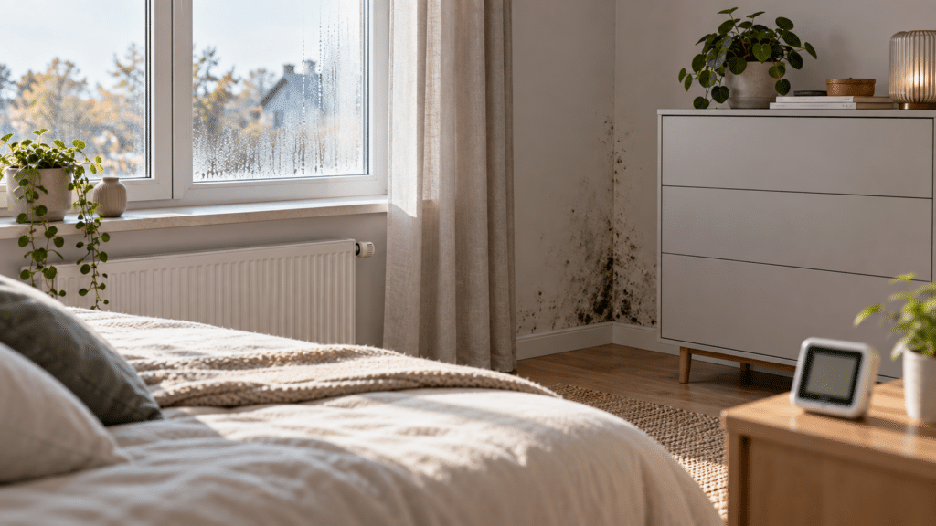 Schimmel trotz Lüften an einer Schlafzimmerwand neben einem Fenster