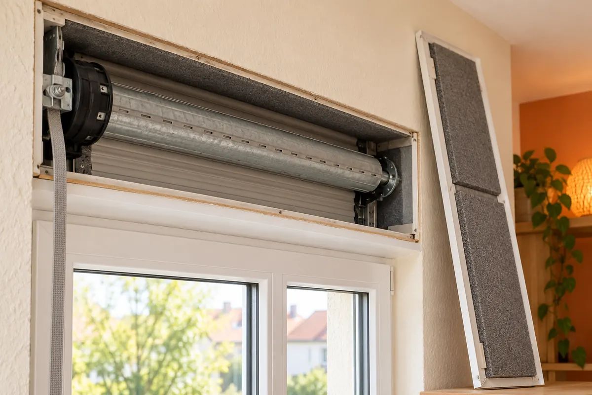 KI-Symbolbild eines geöffneten Rollladenkastens über einem Fenster mit Dämmmaterial